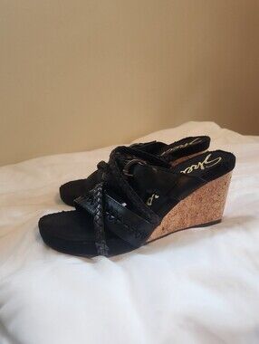 Skechers Black Braided Strap Cork Wedge Slide Sandals